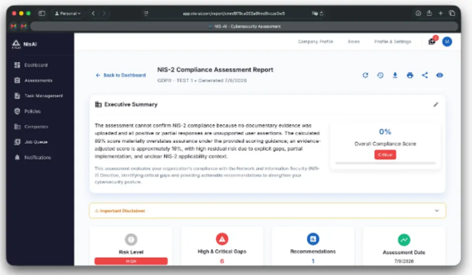 NisAI Assessment & report screen